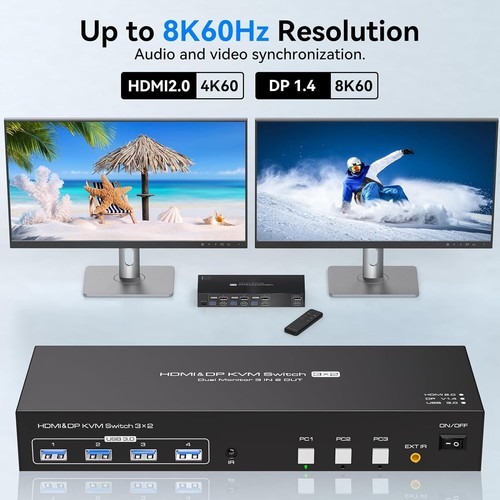 USB3.0 HDMI+Displayport KVM Switch 3 Computers 2 Monitors 4K60Hz KVM Switches wi