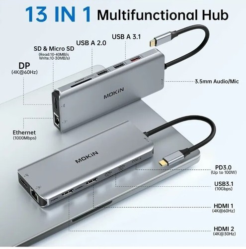 13 IN 1 USB-C Docking Station Dual HDMI Adapter USB C Hub Multiport with 2 HDMI