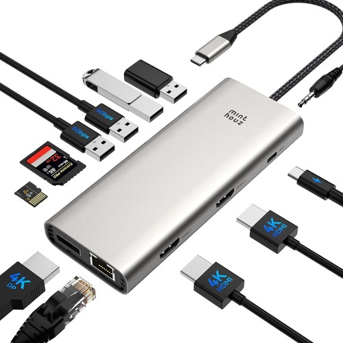 USB C Docking Station,12 in 1 Triple Monitor Thunderbolt4 & 100W PD USB C Hub fo