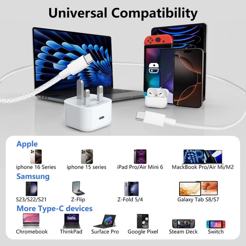 iPhone 17 16 15 Fast Charger and Cable, 30W USB C Charger Plug with 3M Nylon USB