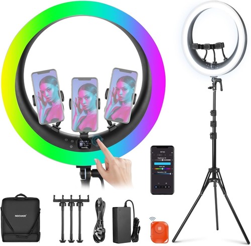 Neewer 19" RGB LED Ring Light w/ Stand,3 Phone Holders, Touch Panel, App Control