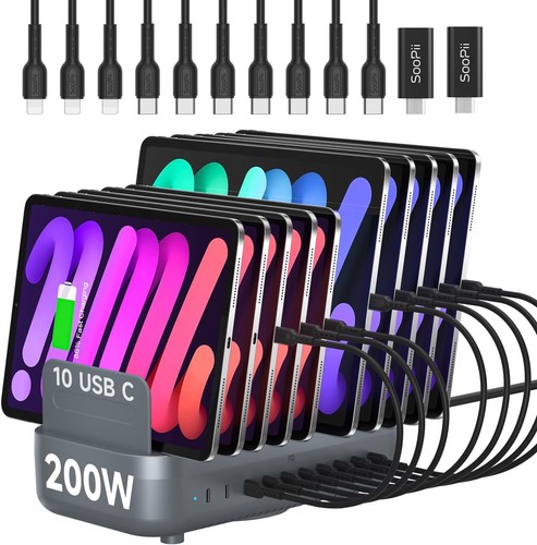 200W USB-C Charging Station,10-Port PD Fast Charger with 20W Max Per Port,3-Pin