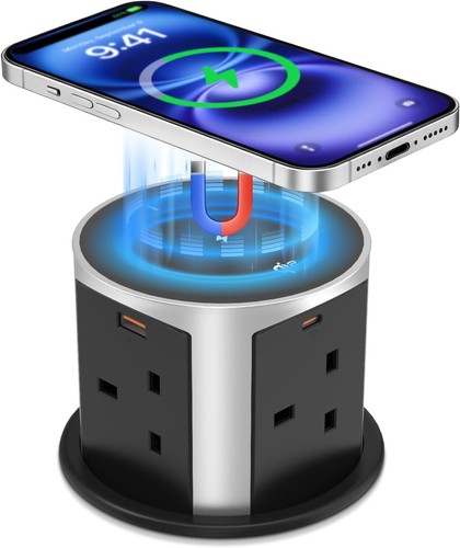 Pop Up Socket 65W USB-C 15W Wireless Charger 4 Way Desk Worktop Black 2m cable