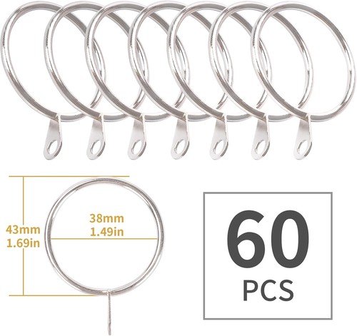 60x Metal Curtain Rings 38mm Silver Eyelet Curtain Pole Rings Hanging Hooks