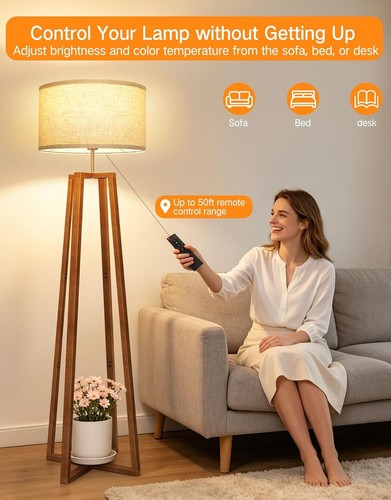OUTON Walnut Floor Lamp with Crossed Square Wooden Base, Tripod Standing Lamp wi