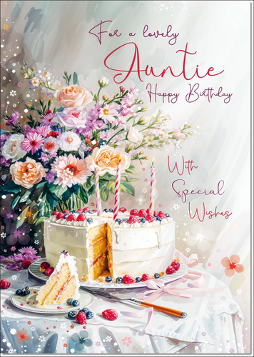 Auntie Birthday Card Large 9x6 Cake Flowers Sentimental Verse & Envelope
