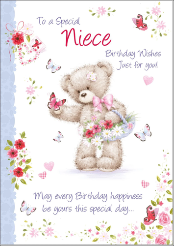 Niece Birthday Card Large 9x6 Teddy Flowers Butterflies Verse & Envelope