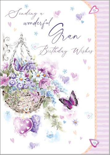 Gran Birthday Card Large 9x6 Purple Flower Basket Verse Inside & Envelope