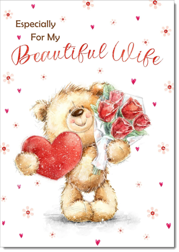 Wife Birthday Card Large 9x6 Teddy Love Heart Flowers Verse & Envelope