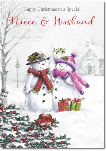 Niece & husband Christmas Card Large 9 x 6 Snowman Couple Verse Inside &Envelope