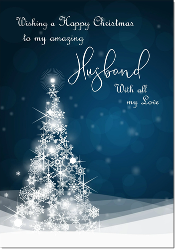 Husband Christmas Card Large 9 x 6 Blue Christmas Tree - Verse Inside & Envelope