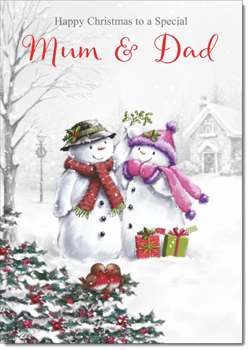 Mum & Dad Christmas Card Large 9 x 6 Snowman Couple Verse Inside & Envelope