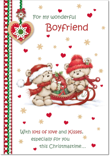 Boyfriend Christmas Card Large 9 x 6 Two bears on sled - Verse Inside & Envelope