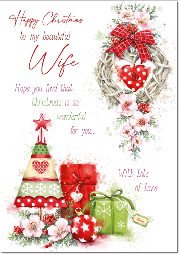 Wife Christmas Card Large 9 x 6 Hanging Heart Decoration Verse Inside & Envelope