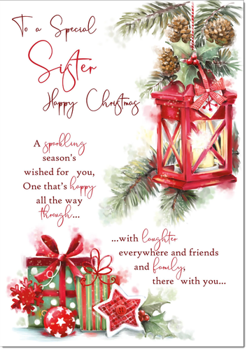 Sister Christmas Card Large 9 x 6  Red Lantern & Presents Verse Inside &Envelope
