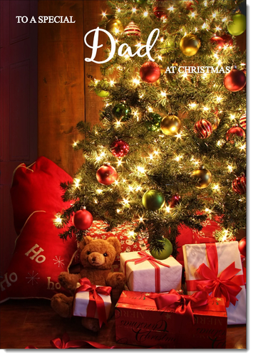 Dad Christmas Card Large 9 x 6 Teddy by Christmas Tree  Verse Inside & Envelope