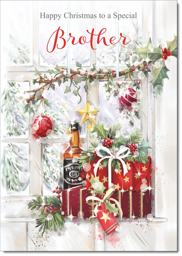 Brother Christmas Card Large 9 x 6 Whisky and Presents - Verse Inside & Envelope