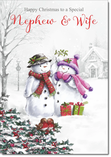 Nephew & Wife Christmas Card Large 9 x 6 Snowman Couple Verse Inside & Envelope