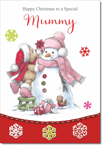 Mummy Christmas Card Large 9 x 6 Cute Bear with Snowman Verse Inside & Envelope
