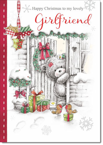 Girlfriend Christmas Card Large 9 x 6 Grey Bear Snow Verse Inside & Envelope