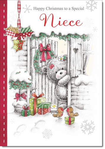 Niece Christmas Card Large 9 x 6 Grey Bear in Snow Verse Inside & Envelope