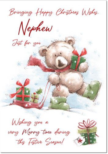 Nephew Christmas Card Large 9 x 6 Cute Bear with Sled Verse Inside & Envelope