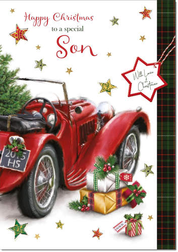 Son Christmas Card Large 9 x 6 Red Vintage Car Verse Inside & Envelope