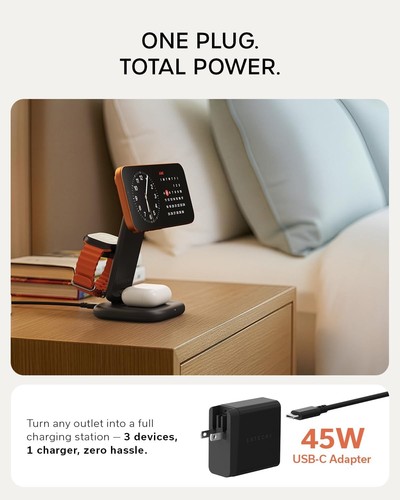 SATECHI 3-in-1 Qi2 Foldable Stand, 25 W Magnetic Charging, Space Black