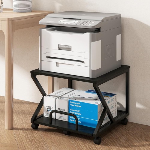 PUNCIA Printer Stand 2 Tier Pull Out Shelf Rolling Cart Wheels Black 50x50cm