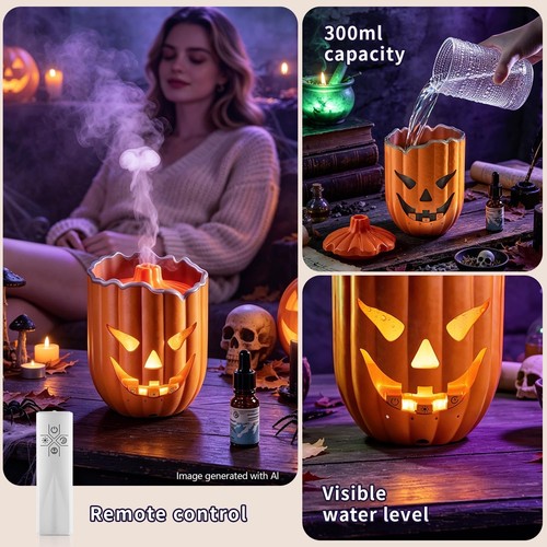 Halloween Pumpkin Diffuser 300ml Humidifier 7 LED Colours Remote Timer
