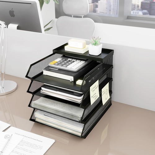 PUNCIA 4 Tier A4 Office Filing Trays Desk Organiser Metal Mesh Paper Storage