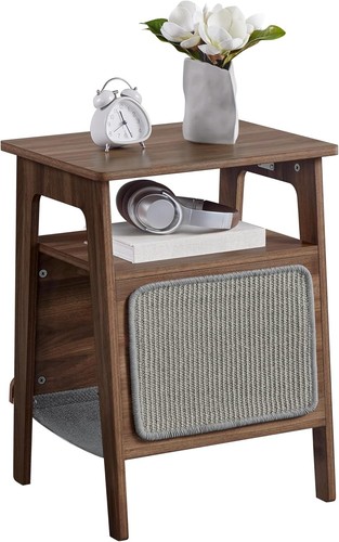 Side Table, 3-Tier Sofa Side Table with Magazine Rack, Cat House and Scratching
