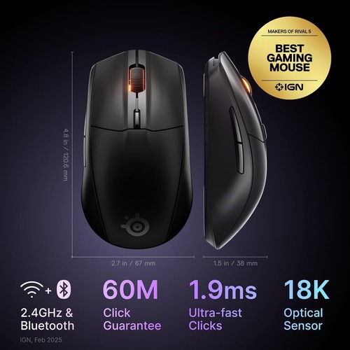 SteelSeries Rival 3 Wireless Gen 2 Gaming Mouse - 2.4GHz and Bluetooth-18000 DPI