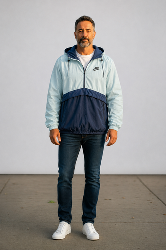 Nike Men's 2XL Hooded Half Zip Pullover Anorak Windbreaker Light Blue Navy